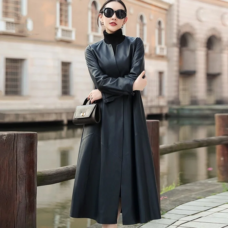 Slim Designer Long Trench Coat Female Streetwear V-Neck Genuine Leather Sheepskin Overcoat Office Lady Windbreaker Outwear