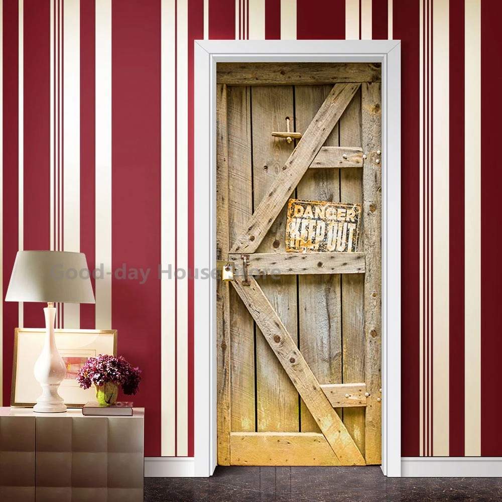 Vintage Wooden Door Stickers PVC Waterproof Wallpaper For Doors Living Room Bedroom Retro Home Decor Mural DIY Renovation Decal