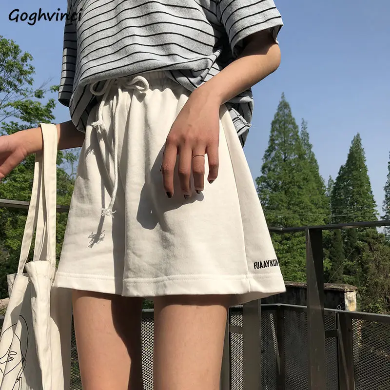 

Shorts Women Summer Letter Embroidery Lace-up High Waist Above Knee Loose Fresh Ins Leisure Chic Preppy Tees Korean Fashion New