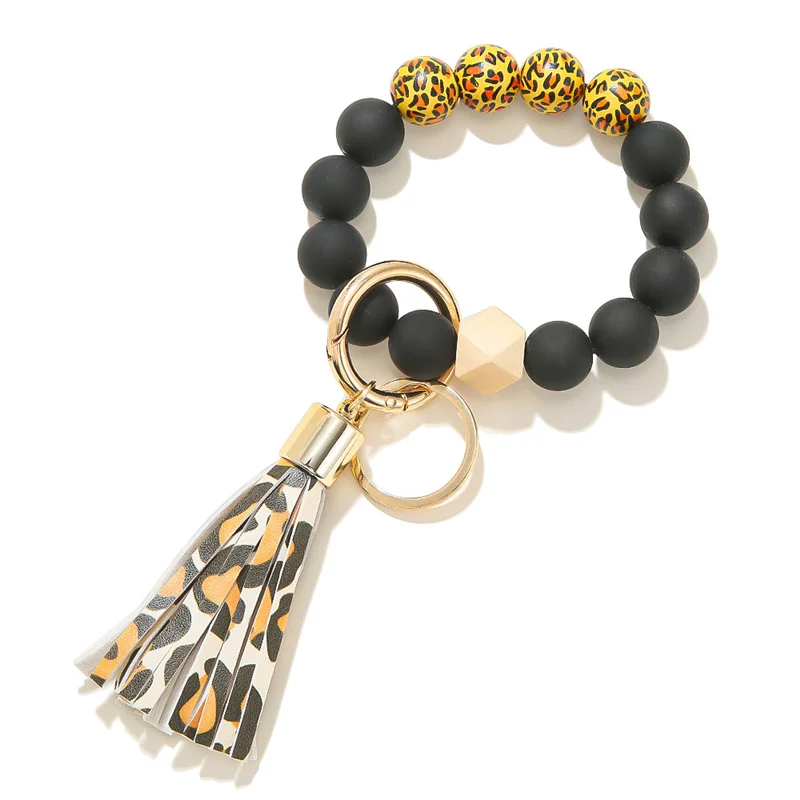 Leopard Keychain Bracelet Tassel Wood Beads Pendant Keyring For Women Snake Print Round Wood Beads Keychain Charms Wholesale New