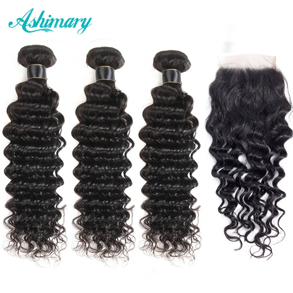 

Ashimary Brazilian Deep Wave Bundles with Lace Closure 100% Remy Human Hair Deep Wave 3 Bundles Human Hair with Closure