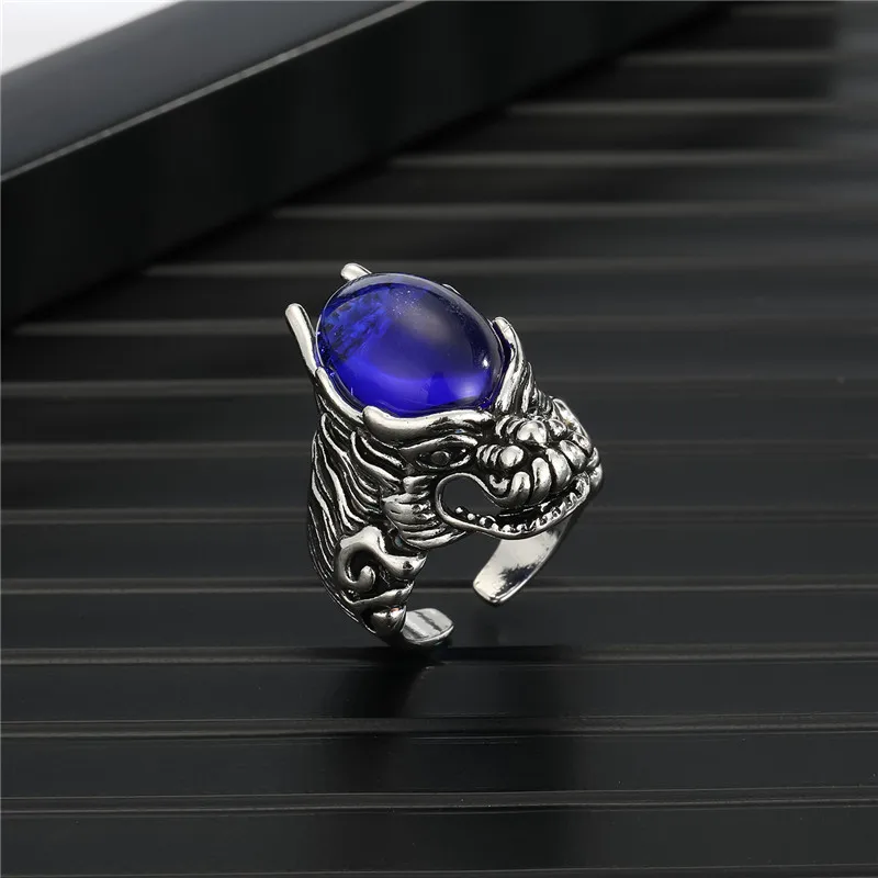 C Gothic Punk Dragon Skeleton Ring For Men Vintage Ethnic Personality Blue Bead Elephant Animals Skull Paw Male  Ring Jewelry