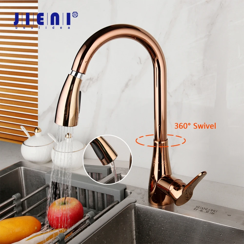 JIENI Rose Golden Kitchen Faucet Gold Plated Vessel Sink Swivel Faucet Washbasin Mixer Taps W/ Pull Down Spray Water Tap