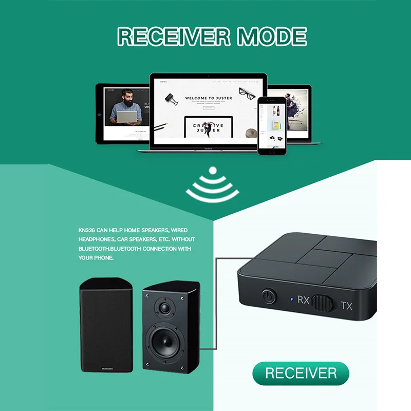 KN326 2-in-1 بلوتوث 5.0 استقبال الصوت الارسال 3.5 مللي متر AUX جاك RCA USB ستيريو لاسلكي محول مع هيئة التصنيع العسكري ل سيارة التلفزيون سماعة