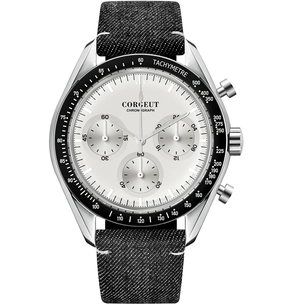 

Corgeut 40mm Top Luxury Men's Chronograph Quartz Watch Stainless Steel with Luminous Multifunction Watch White Face