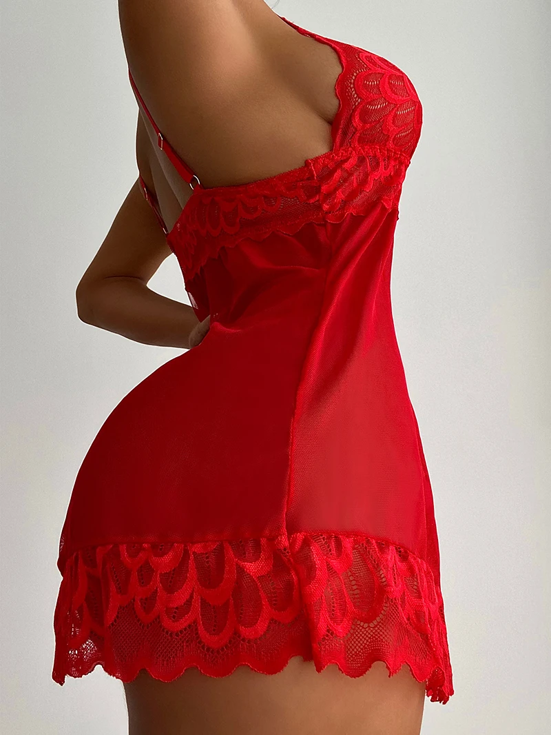 Ellolace-ropa de dormir Sexy para mujer, vestido de noche con escote en V profundo, camisón de dormir de encaje rojo, lencería, minivestido sin