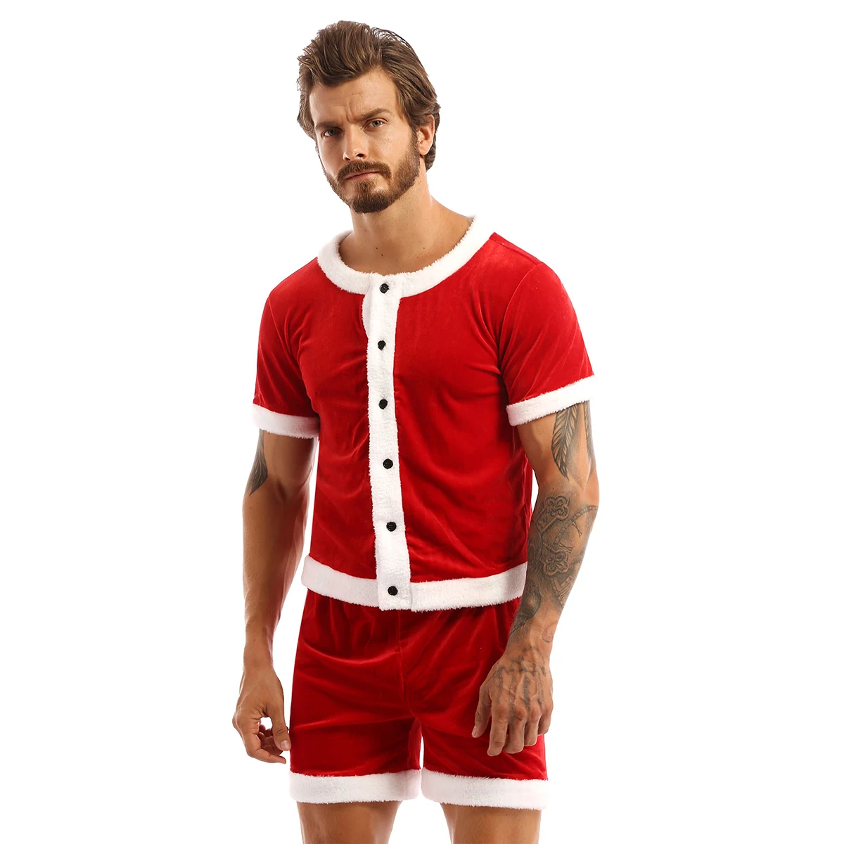 TiaoBug Men Soft Velvet Christmas Party Costume Fancy Dress Outfit White Trim Round Neck Short Sleeve Button Down Top And Shorts