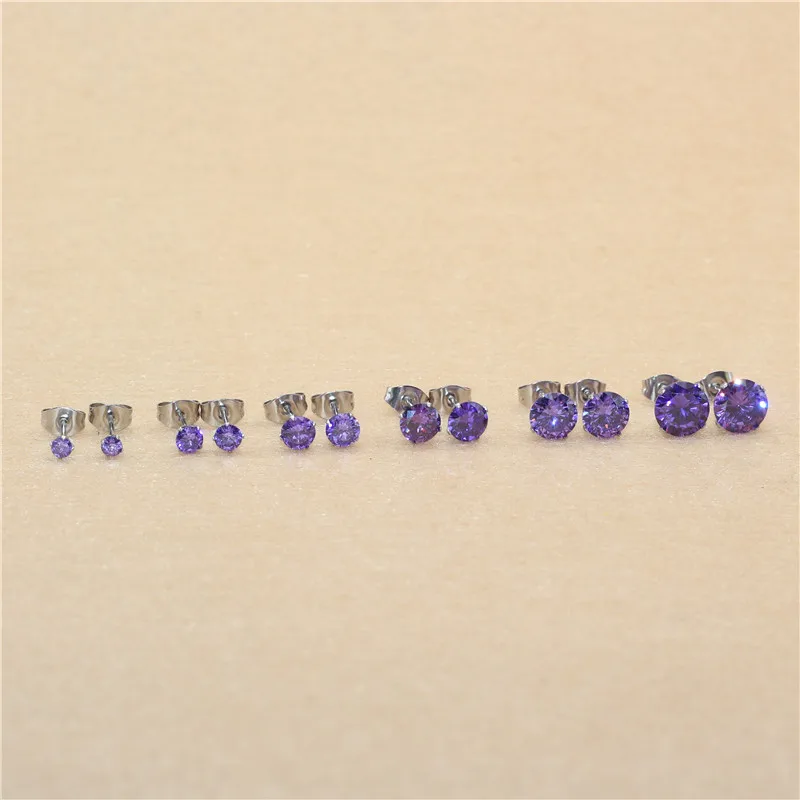 Size 3mm to 8mm 316L Stainless Steel Purple Color Round Zircon Stud Earrings  No Fade Allergy Free Brief Jewelry