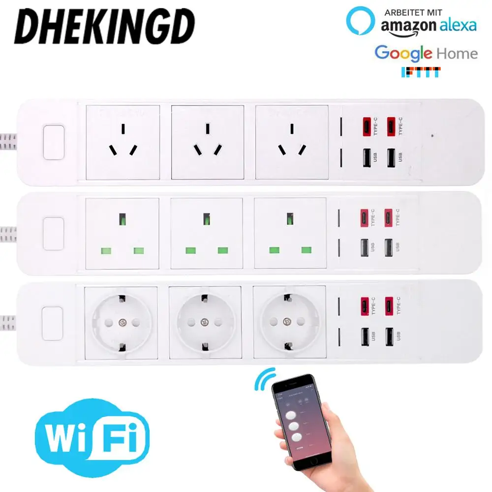 Wifi Smart Power Strip EU/UK/AU  2 USB 2 Type-c Charging PortTiming  App Voice Control Work with Alexa Google Home Assistant