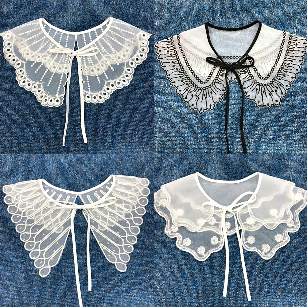 Women Detachable Lace Fake Collar Blouse Cloud Shoulder Doll Collar Embroidered Bow False Collar Clothes Shirt Accessories