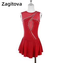 Zagitova Custom Figure Skating Dress For Girls And Women Ice Skating Skirt Wine Red Sleeveless Performance Clothing rhinestone