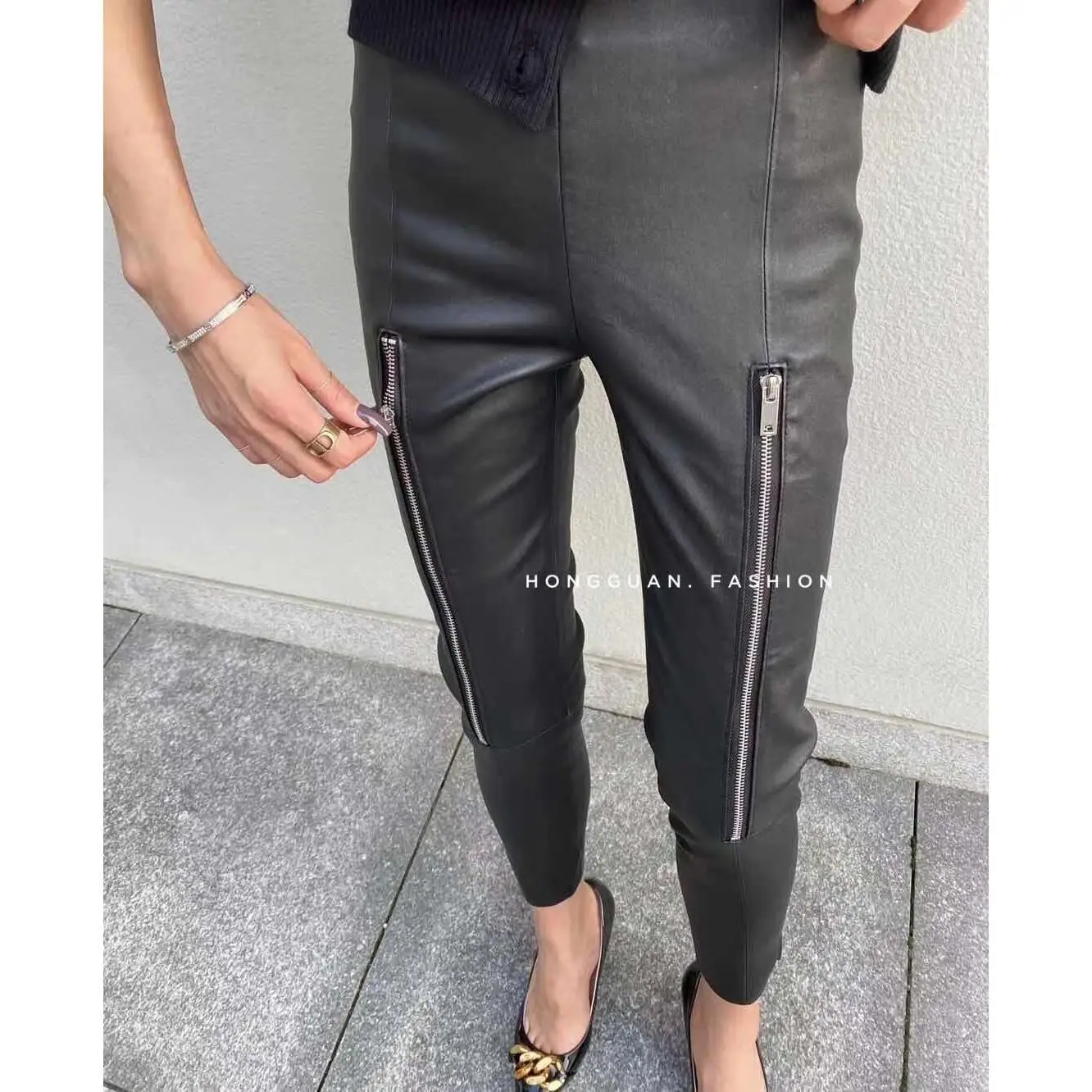 Fashion Pencil Pants Women's Black Leather Pants Autumn Figure Flattering Double Zipper Elegant Capris Women Bottoms Trousers