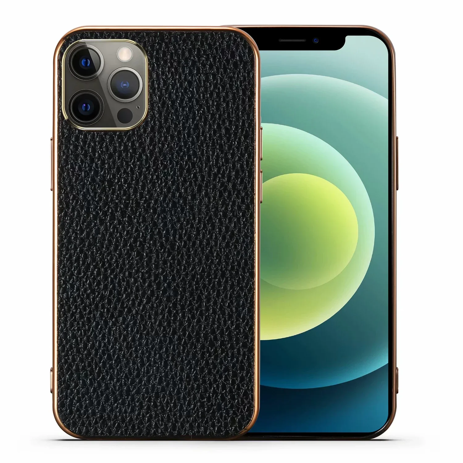 Shockproof Litchi Pattern Genuine Leather Gold Plating Case for iPhone 13 12 Mini Pro Max 11 X XR XS