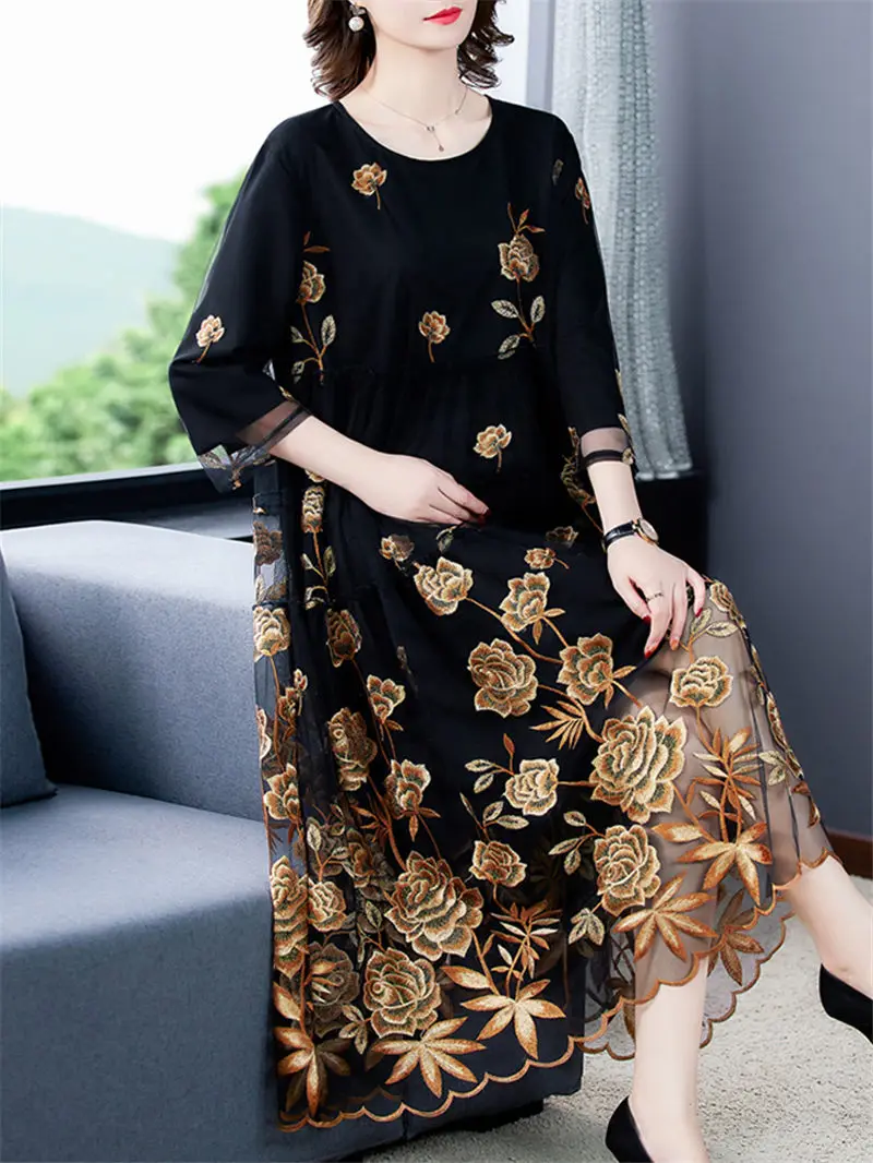 

Chic Mesh Embroidered Dress 2021 Spring Autumn New Women's High-End A-Line Dress Flower Party Femme Vestidos y1421