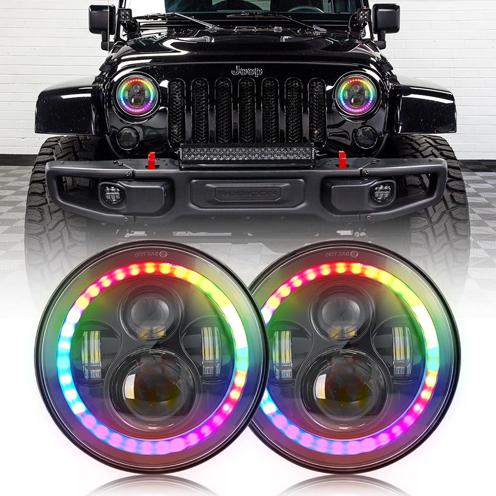 

Jeep Wrangler JK 7inch RGB LED Headlights Bluetooth control Lights Controlled Halo Ring Multi-Color