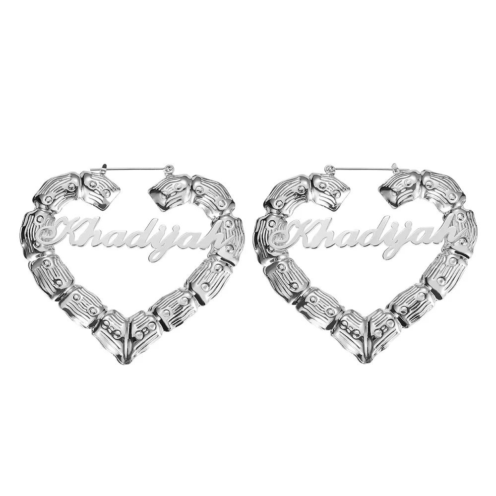 Heart Shape Custom Name Earrings For Women Bamboo Hoop Earring Statement Words Numbers Gold Color Girls Weddings Party Jewelry