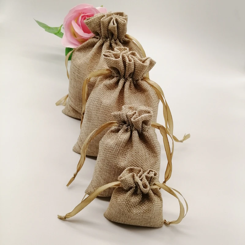 20pcs Linen Gift Bag Ribbon Jute Bag Sack Drawstring Jewelry Bags Pouch For Jewelry Packaging Display Wedding Christmas Gift Bag