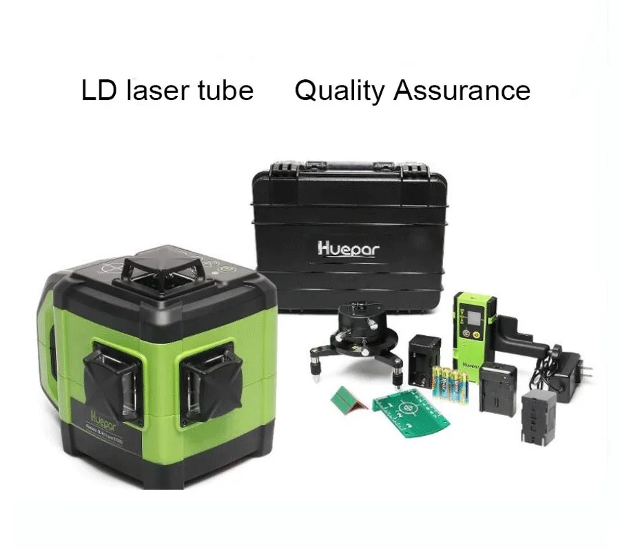 Huepar penerima level laser, & 12 Garis 3D garis silang hijau Laser DT03CG Level pelevelan sendiri 360 derajat vertikal