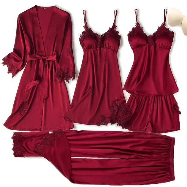 Zestaw piżam dla kobiet Koronkowe wykończenia Satynowa bielizna nocna Piżama Pour Femme Letnia bielizna nocna ze spodniami Casual Home Wear Kimono Robe Gown PJS