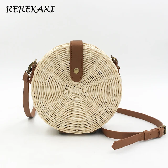 Handmade okrągła torba plażowa ze słomy kobiety Rattan torby na ramię Crossbody czeski lato Rattan splot kobiet torba