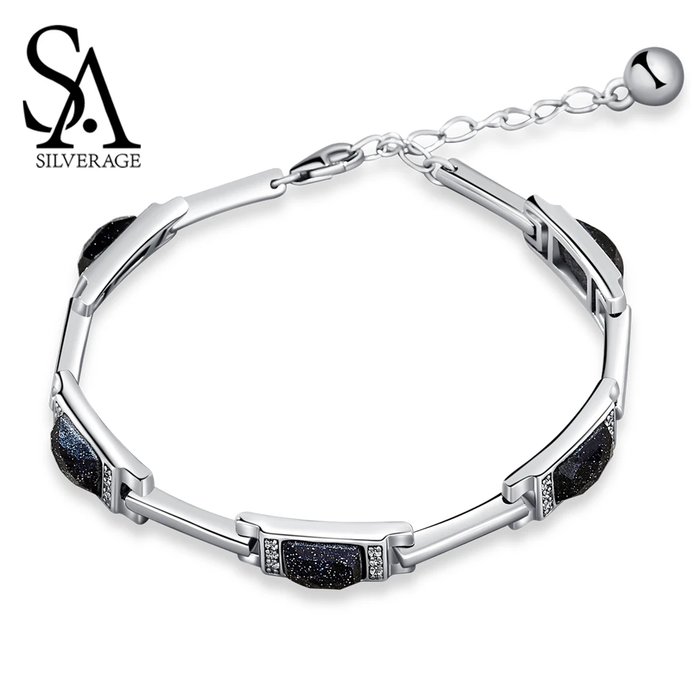 

SA SILVERAGE Bracelets Bangles 925 Sterling Silver Rectangle Stone Chain 925 Silver Chain Link Bracelet Chain & Link Bracelets