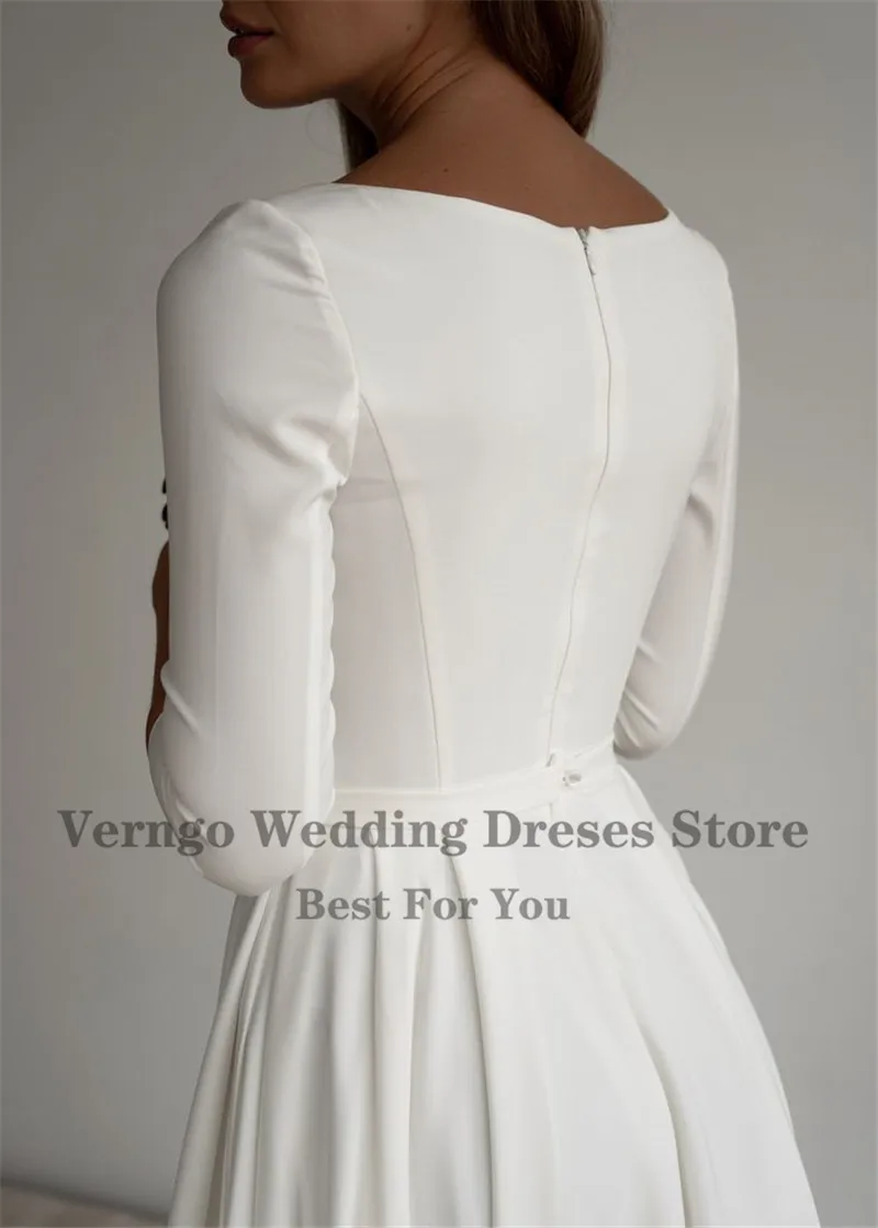 Verngo Simple Wedding Dress Long Sleeves A Line Crepe Boat Neck Elegant Bridal Dresses With Pockets Plus Size Customized