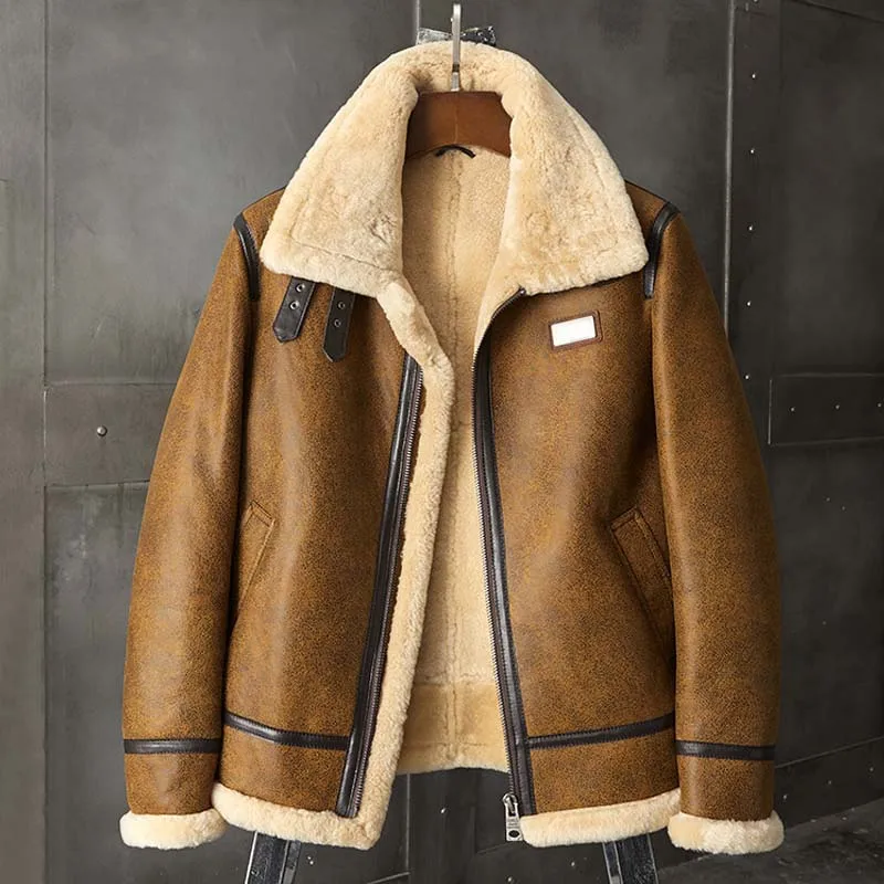 Denny&Dora New Shearling Coat Mens B3 Bomber Jacket Brown Leather Overcoat Winter Fur Parkas Natural Sheepskin Outwear