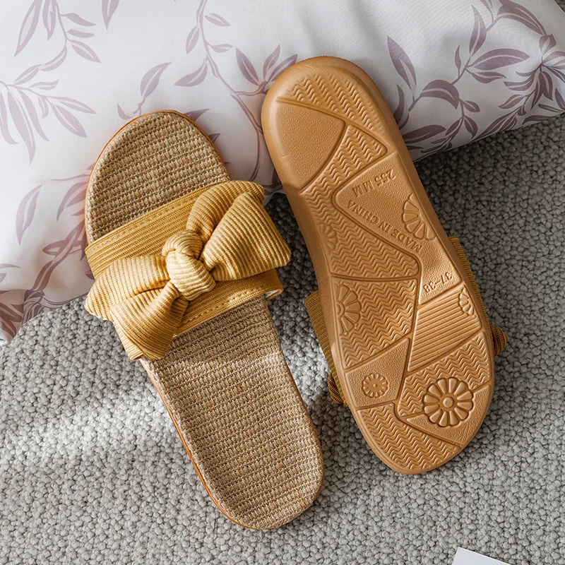 2021Bowknot household cool linen slippers women summer indoor non-slip resistance couples home slippers shoes women