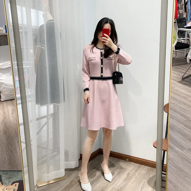 2022 Autumn New Womens France Style Elegant Casual Long Sleeve Dress Vintage Office Lady Concise O-Neck Spliced Fashion Dress