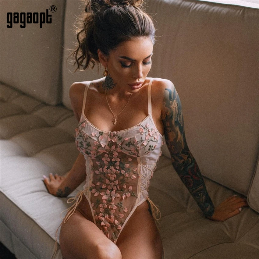 Gagaopt Women Teddy Erotic Corset Lace Mesh Sleepwear Nightwear Embroidered Strap One Piece Sexy Pajamas