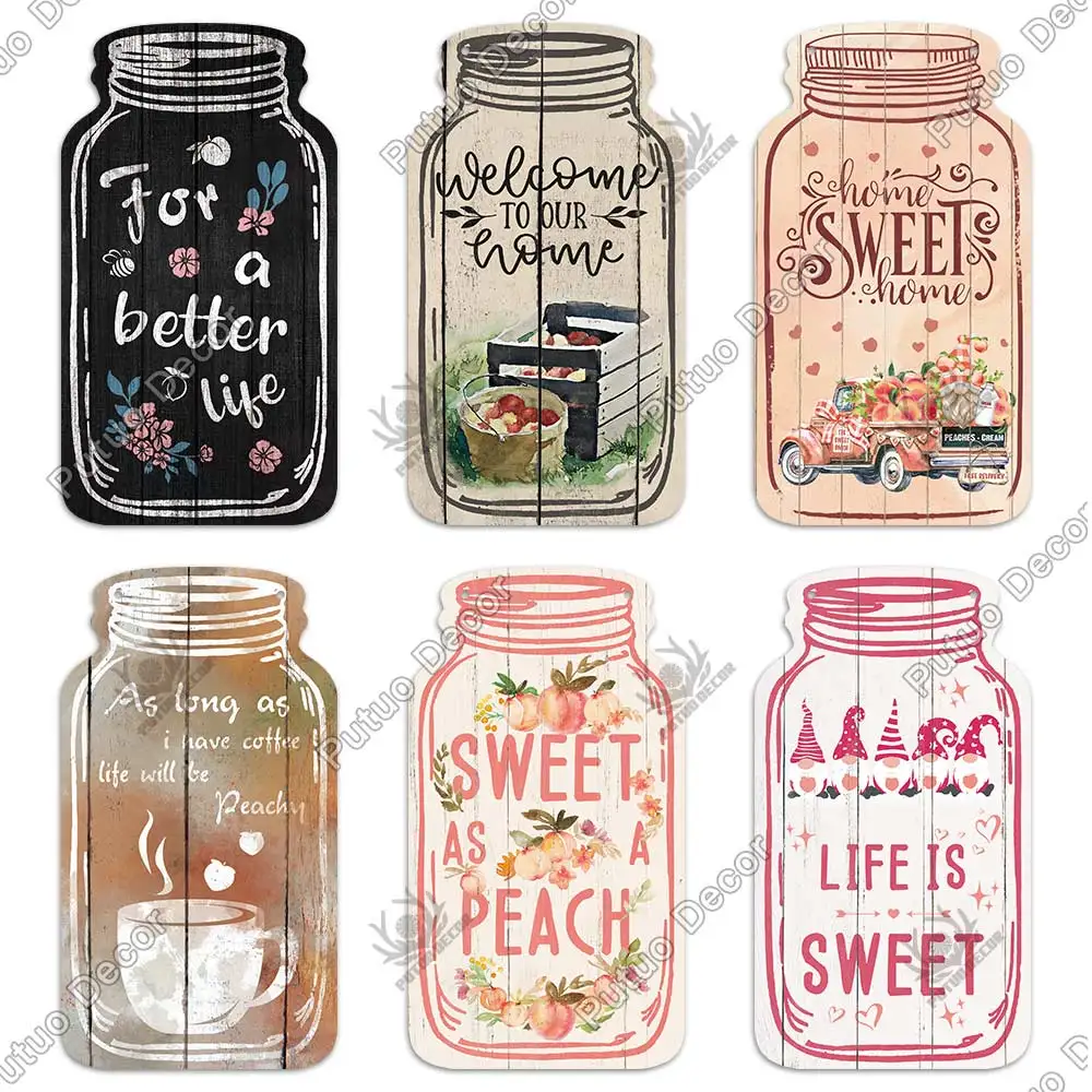 Putuo Decor-Peach Mason Jar Shaped Wood Signs, Sweet Fruits Hanging Plaque, Home Decoration, Kitchen Wall Decor - Image 5