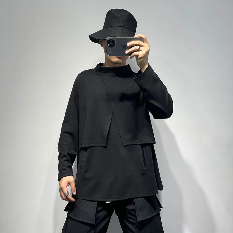 

Men's Stand Collar Sweater Autumn Personalized Fake Two Large Loose Split Harajuku Style Simple Dark Bottomed Shirts