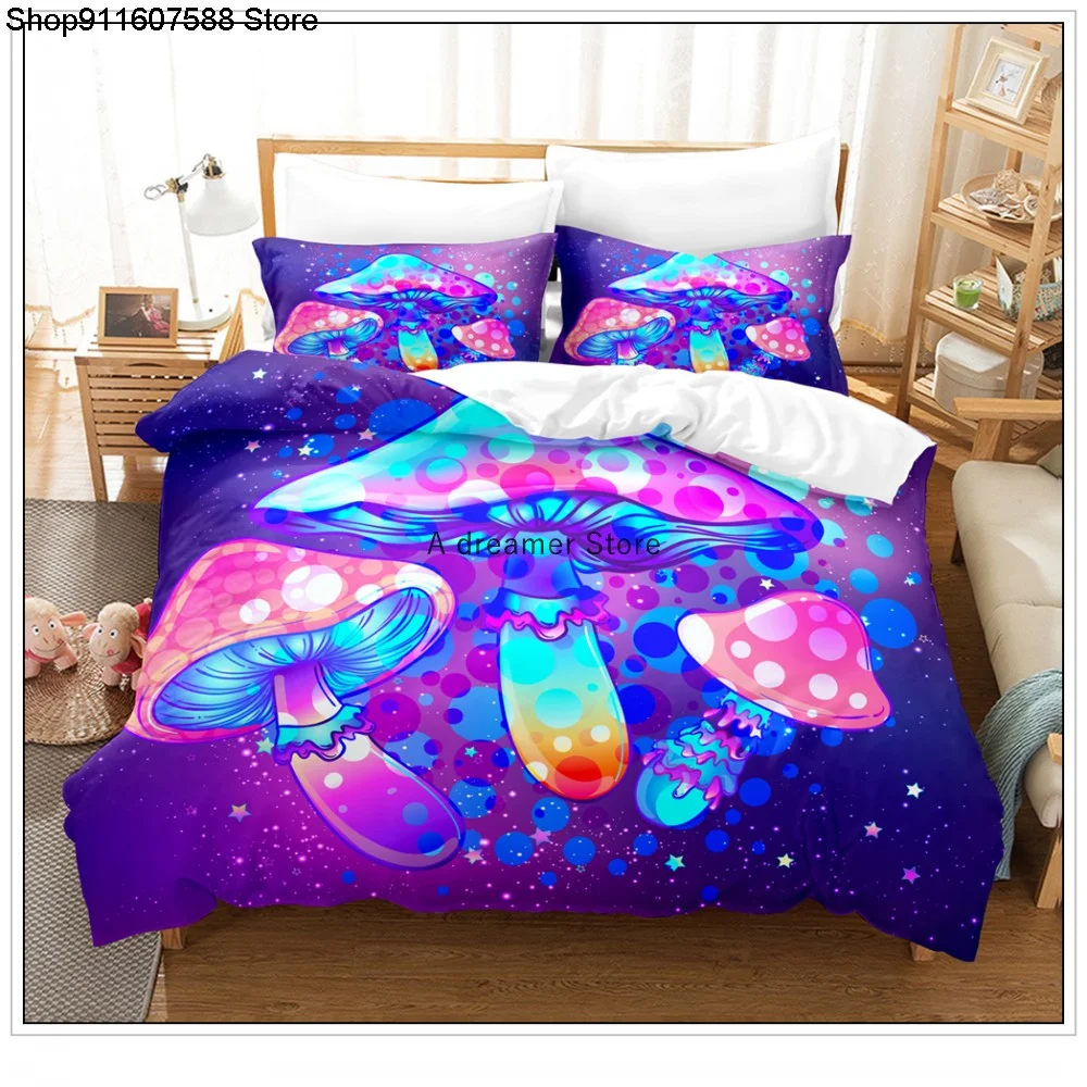 

Purple Psychedelic Mushroom Fashion Bedding Set Luxury Duvet Cover Pillow Sham Queen Size 3piece Soft Microfiber Bedclothes