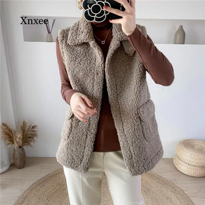 

Lamb Wool Winter Vest Jackets Thicken Warm Waistcoat Women Turn Down Collar Hidden Button Pockets Outwear Sleeveless Coat