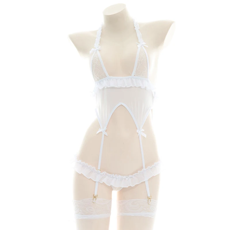 Body Sexy de Lolita para mujer, pijama de una pieza con lazo con volantes, cuello Halter translúcido, ropa interior blanca para el hogar