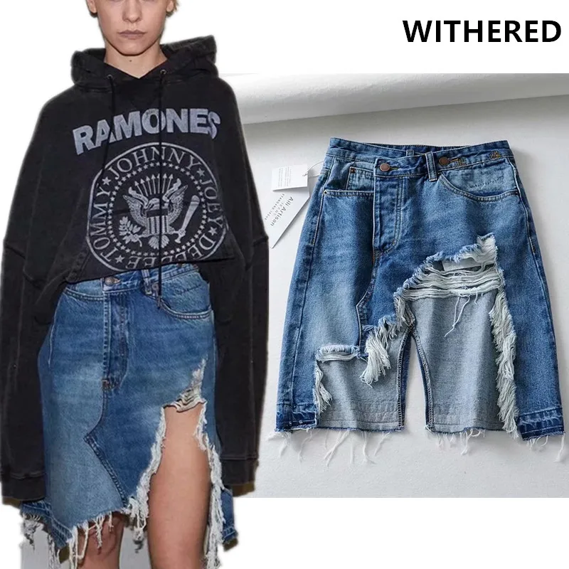 

Jenny&Dave skirts womens 2piece set high street asymmetric burrs sexy Fork opening washed denim skirt women faldas mujer moda