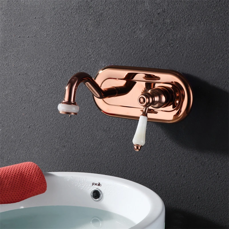 Rose Gold Bathroom Faucet with Artificial Jade Decoration Single Handle Hot and Cold Basin Faucet Concealed Bath Mixer Tap