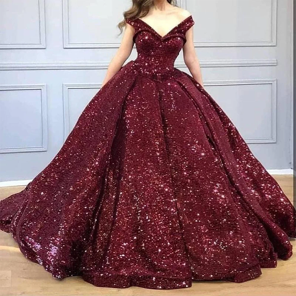

Sexy Burgundy Sequins Wedding Prom Dresses Ball Gown Off Shoulder V Neck Lace Up Train Evening Gowns платье
