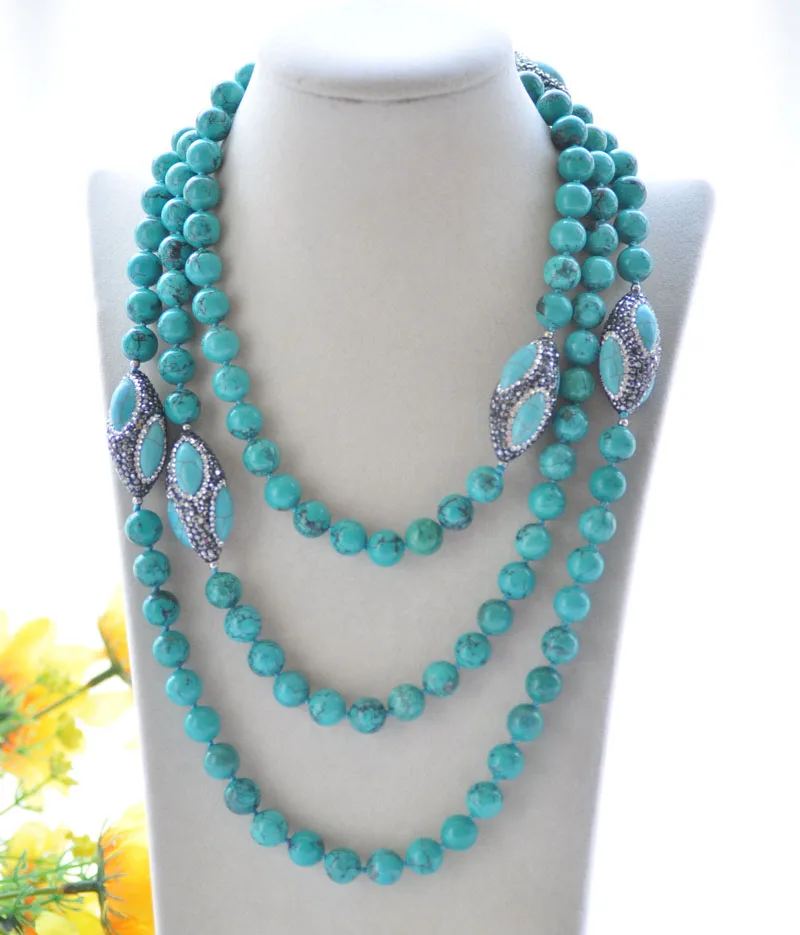 

S2412 60" 35mm Round Turquoise Bead Shuttle CZ Necklace