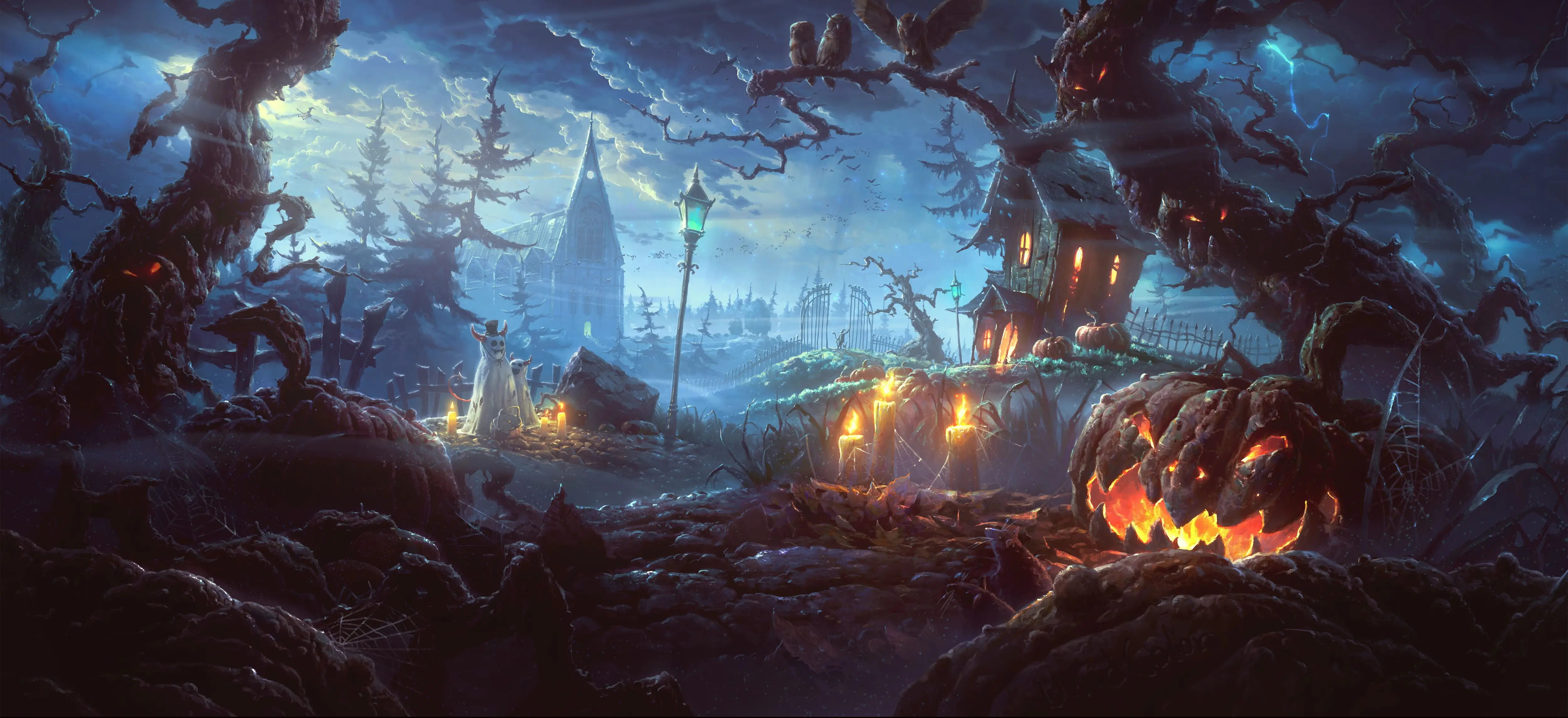 Halloween Theo Chủ Đề Chụp Ảnh Bối Cảnh Đêm Trăng Ma Quái Rừng Bí Ngô Lồng Đèn Nền Cây Chết Ngôi Nhà Bị Ma Ám Đảng Biểu Ngữ