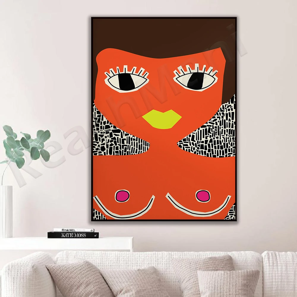 Female sexy portrait abstract wall art prints, feminist art, orange red black women mid-century modern retro living room apartme