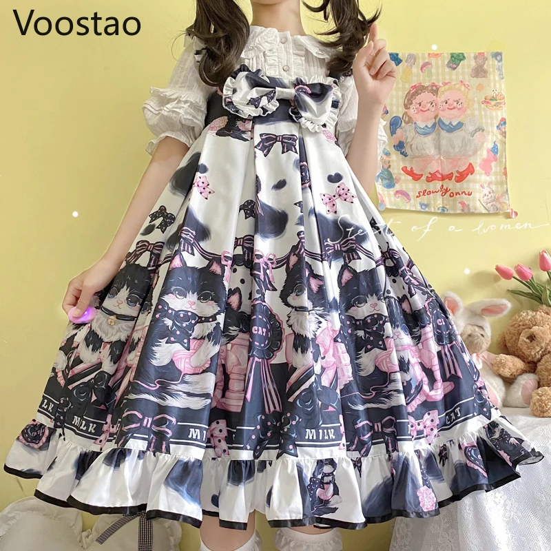 Abito Jsk dolce stile giapponese Lolita donna Kawaii Cow Cat Bow senza maniche Tea Party Dresses Girls Gothic Cute Princess Dress