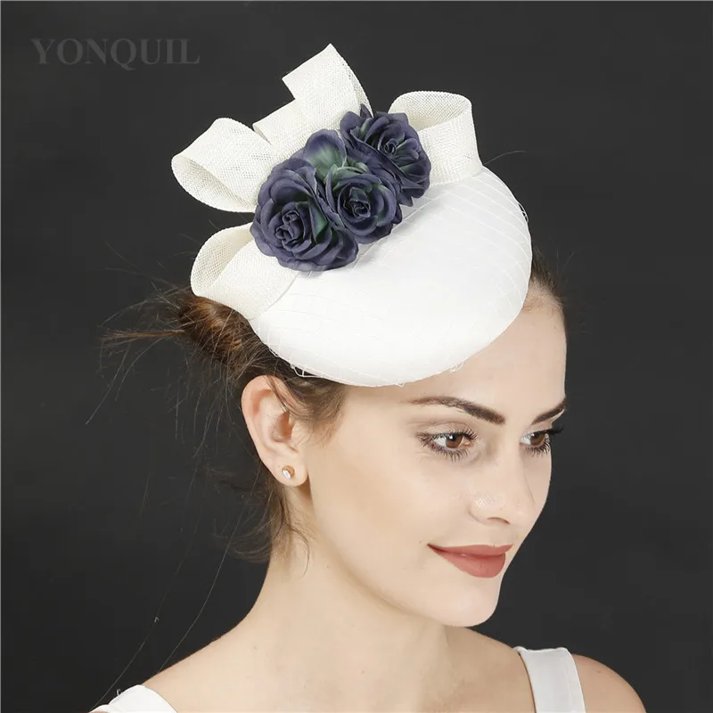 Gorro de marfil con flor azul marino para mujer, gorros fascinadores de boda para novia, sombreros de boda para mujer, tocado con diadema, Fedora