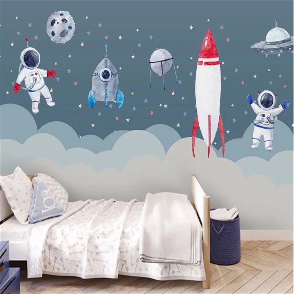 

Milofi wall custom Nordic minimalist hand-painted space rocket children's room girl bedroom cartoon mural