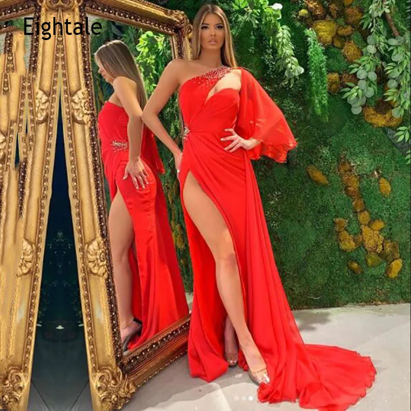 

Eightale Arabic Evening Dress One Shoulder Pleats High Side Split Chiffon Red Formal Dubai Elegant Prom Gown Party Dress