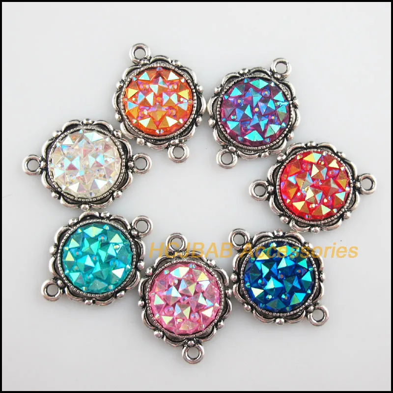 7 New Flower Charms Tibetan Silver Tone Retro Mixed Round Resin Connectors 19x27mm