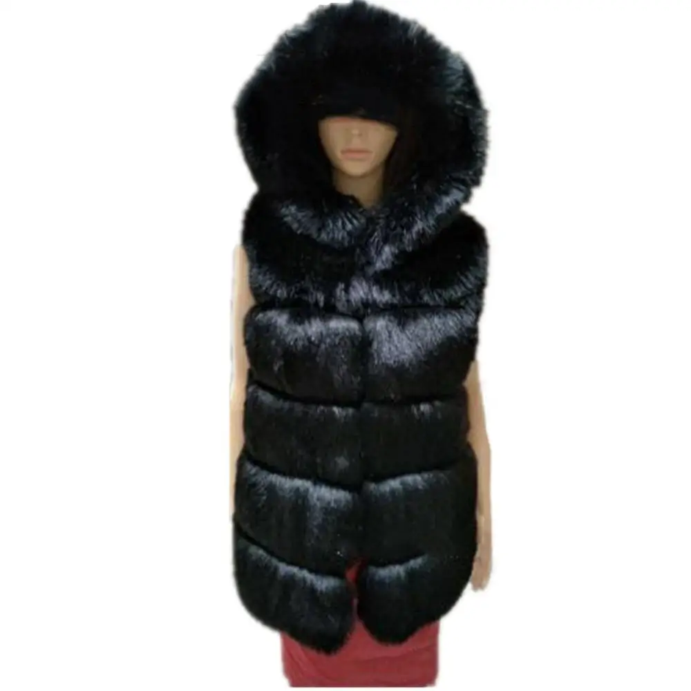 Lisa Colly Women Winter Casual Coat Overcoat Warm Hooded Stripe Medium Long Faux Fox Fur Vest Jacket