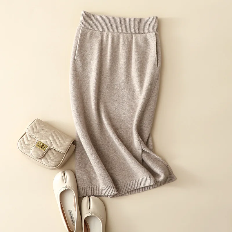 autumn winter new cashmere wool knitted high waist skirt side slit for women