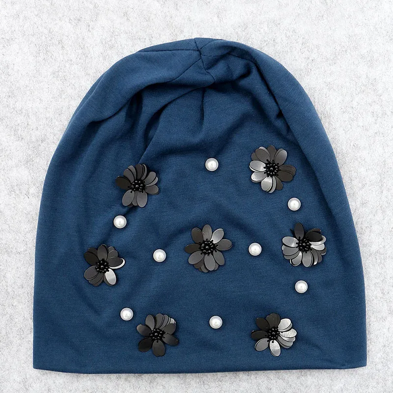 GZhilovingL Women Pearls Flower Hats Soft Spring Thin Slouch Skullies Beanies hats Caps 2020 New Ladies Girls Black Winter hats