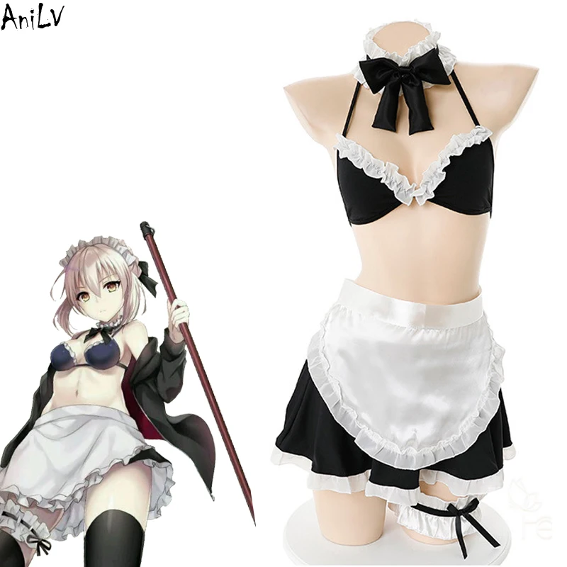 AniLV Japanese Anime Fate/stay night Saber Maid Swimsuit Costume Altria Pendragon Bikini Swimwear Uniform Pool Party Cosplay